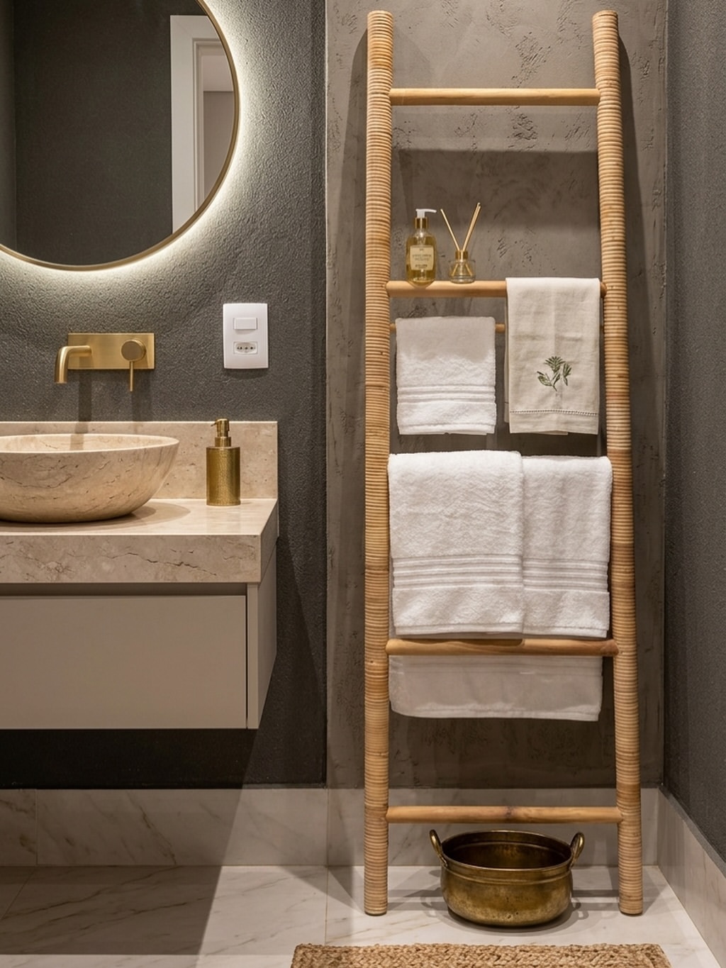 Lavabo decorado com escada de bambu, toalhas brancas e espelho redondo iluminado
